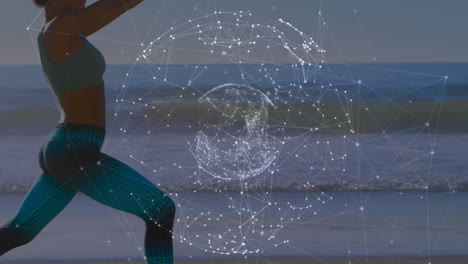 animación de redes de conexiones con el mundo sobre mujer caucásica practicando yoga en la playa