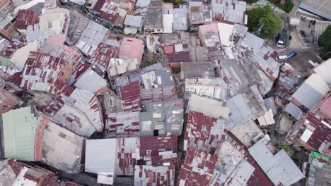 Tightly-packed-rooftops-in-an-aerial-view-of-Comuna-13,-Medellin,-Colombia