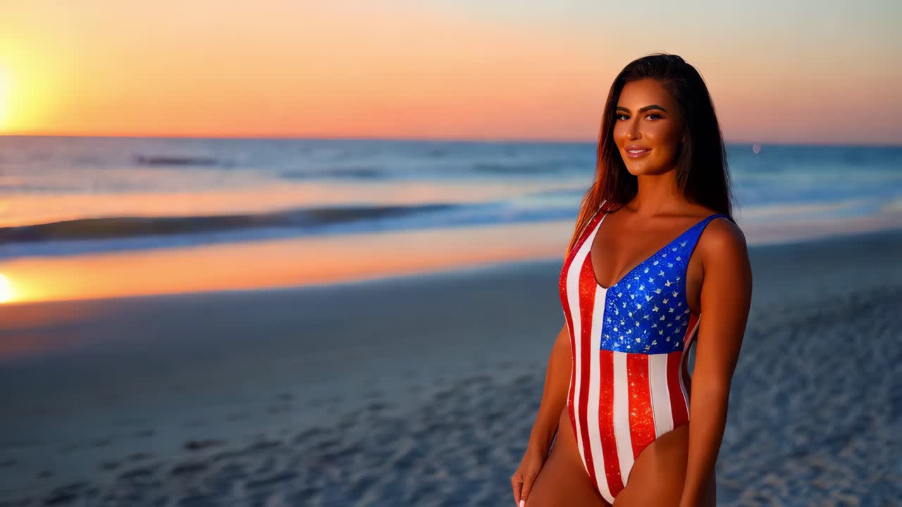 mujer en traje de baño de bandera americana en la playa del amanecer