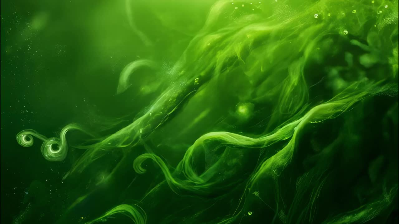 Green smoke is creating abstract shapes and waves, moving and swirling in the dark, giving a sense of mystery and magic, perfect for backgrounds and creative projects