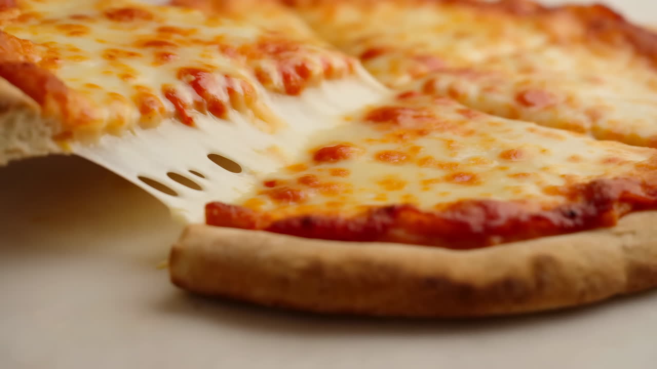 Pizza al formaggio fuso con mozzarella filante, una fetta sollevata rivela lunghi fili appiccicosi, dorata e bollente.