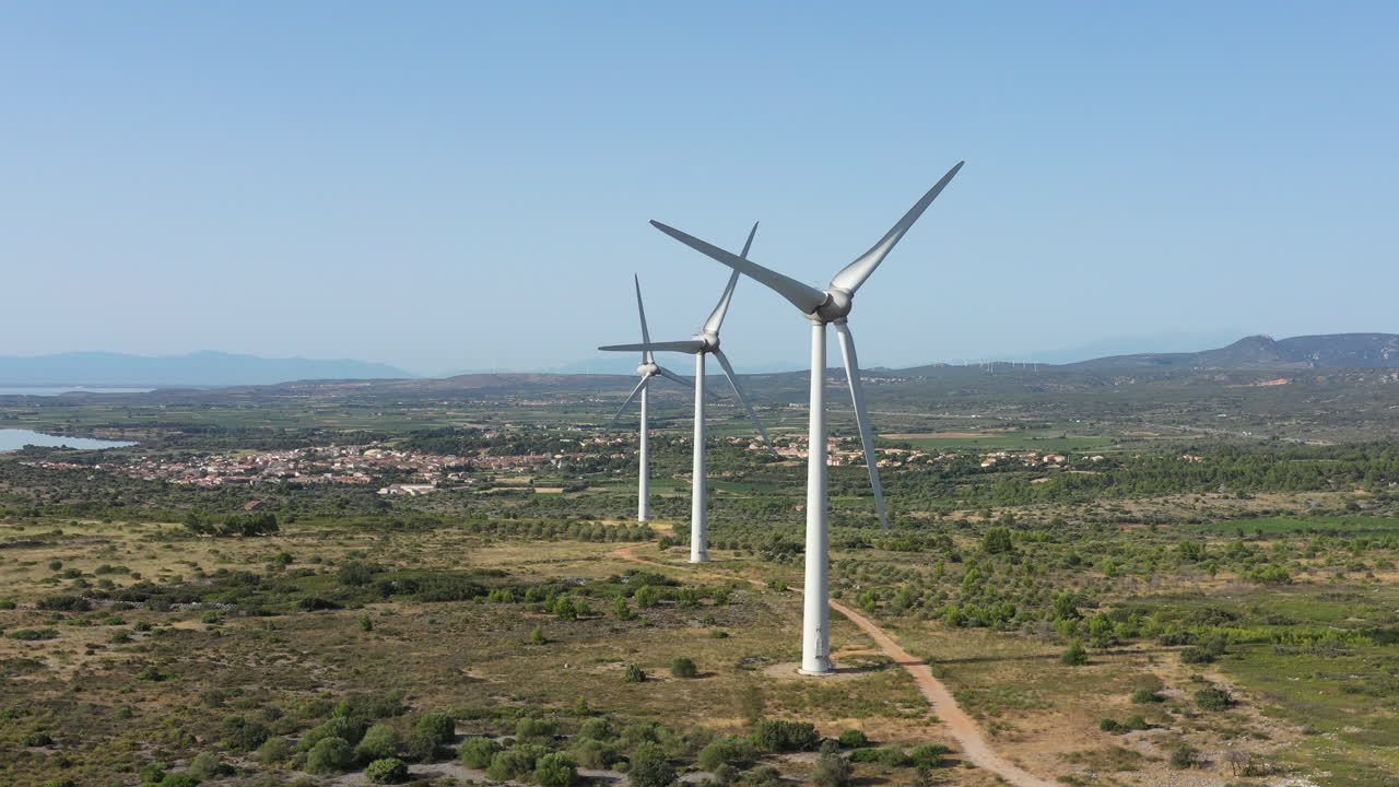 Renewable energy modern wind turbines high corbieres plant aerial France