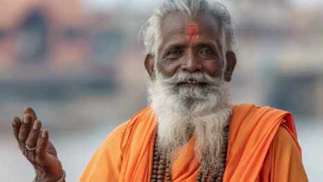 Venerable spiritual leader in traditional orange robe bestowing blessings with calm, wise gestures along sacred Varanasi riverbanks, embodying profound spiritual serenity and cultural authenticity