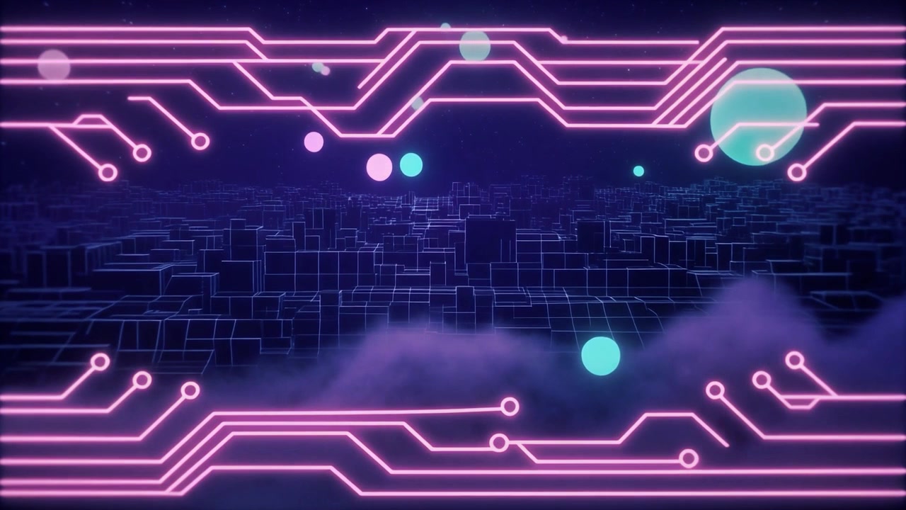 Futuristic Digital Cityscape with Glowing Circuit Board Overlay