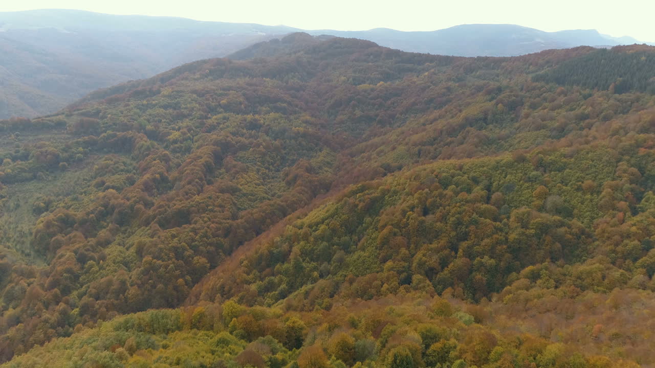 imágenes aéreas, montañas y bosques de la península balcánica durante el otoño con los típicos rojos, verdes y amarillos otoñales