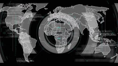 Animation-Von-Zielfernrohr,-Markierungen-Und-Datenverarbeitung-über-Der-Weltkarte