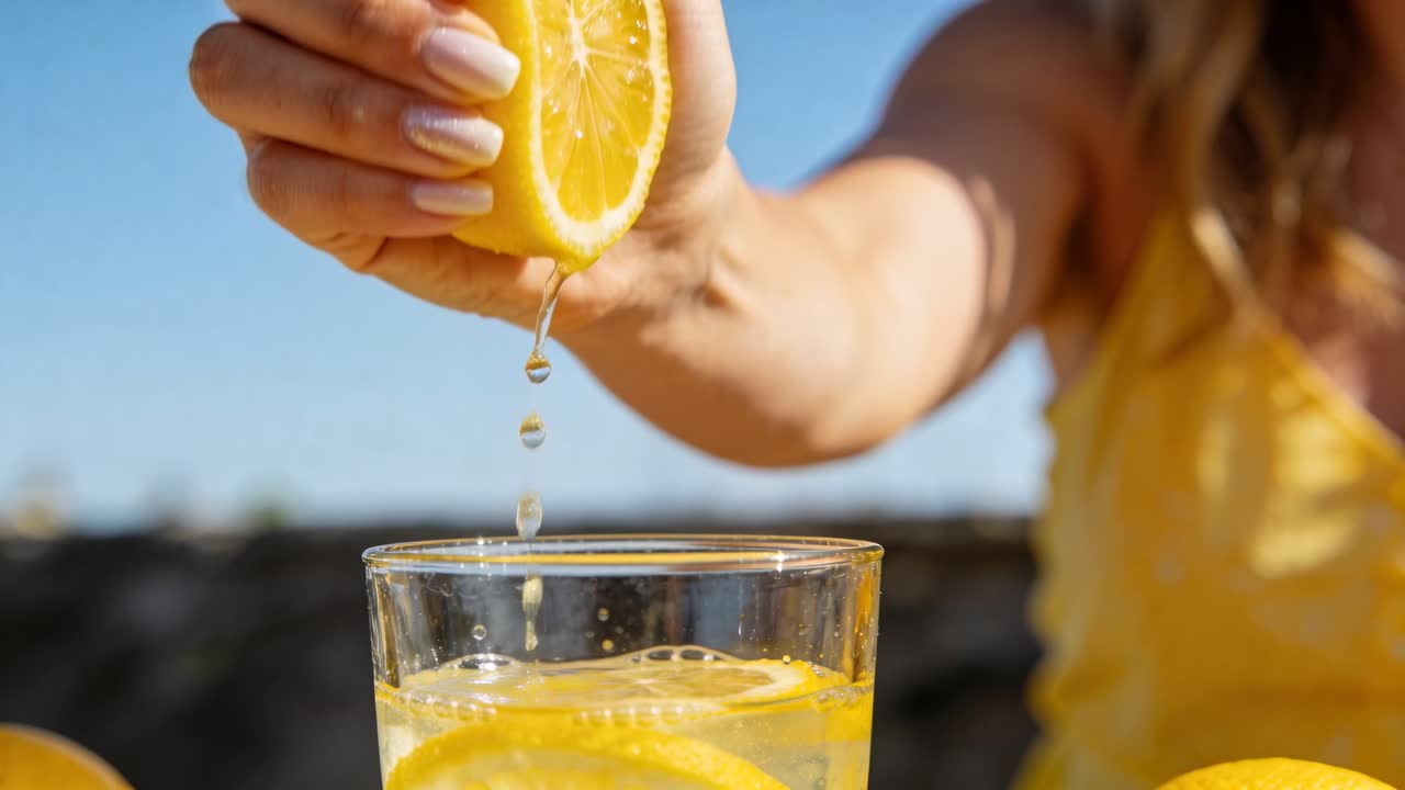 Mujer presionando medio limón cerca del borde, exprimiendo jugo en un vaso para hacer agua con limón, en un patio, con una blusa amarilla.