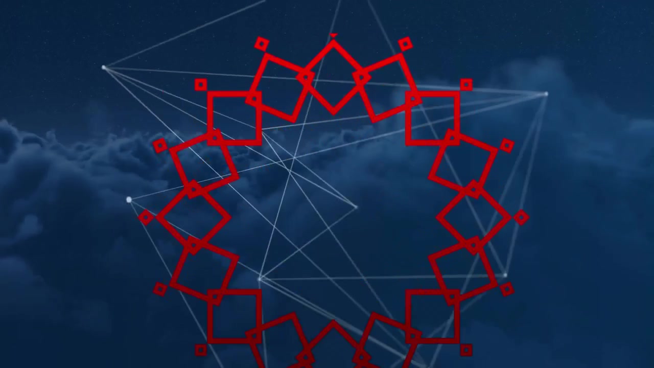 An animation of a network of connections over a night sky with clouds