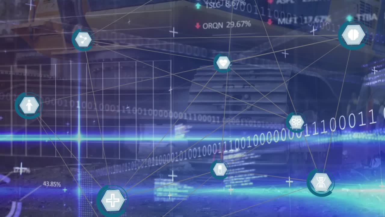 Digital video showcases global finance tech with data and medical icons on a world map