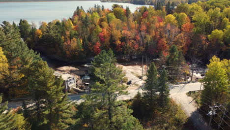 a lovely flight above the treetops of the autumn forest: behind the bright foliage reveals the railway bridge over the lake