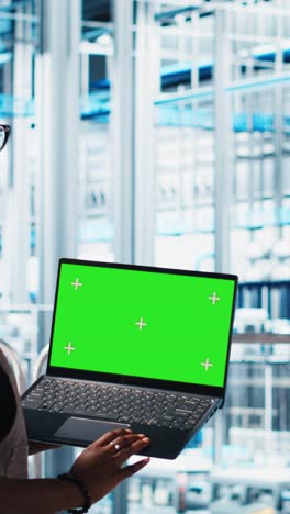 vertical video smart factory technician manages robotic arms using mockup notebook