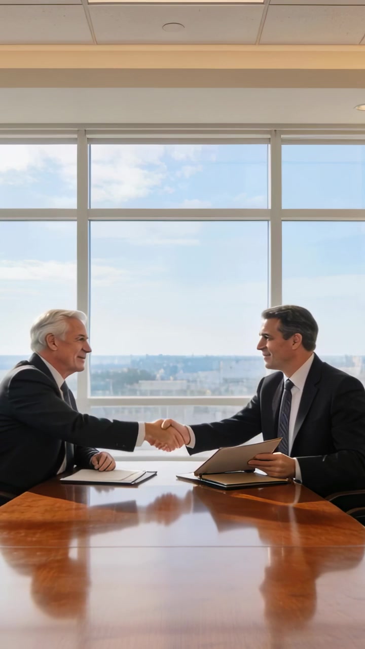 Vertical video: Shaking hands, two men in suits finalizing deal at office table, exchanging folders