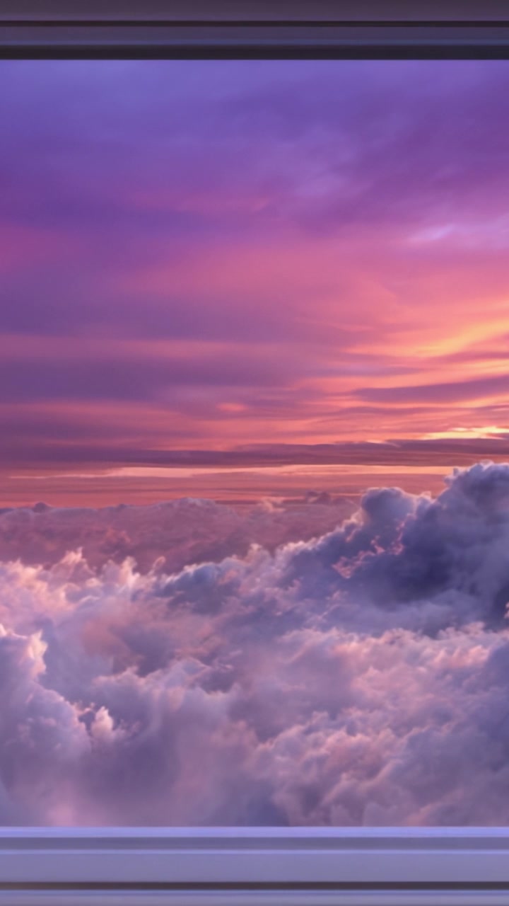 Una vista mozzafiato del tramonto attraverso una finestra che incornicia cieli vibranti rosa e viola sopra nuvole gonfie, creando un'atmosfera serena e sognante