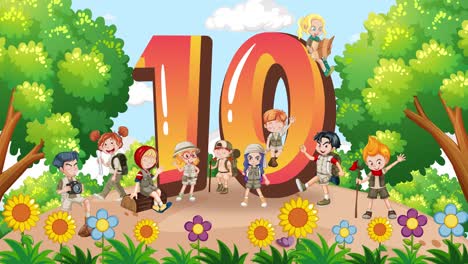 children gather around a large number ten in a colorful, animated outdoor scene with trees and flowers