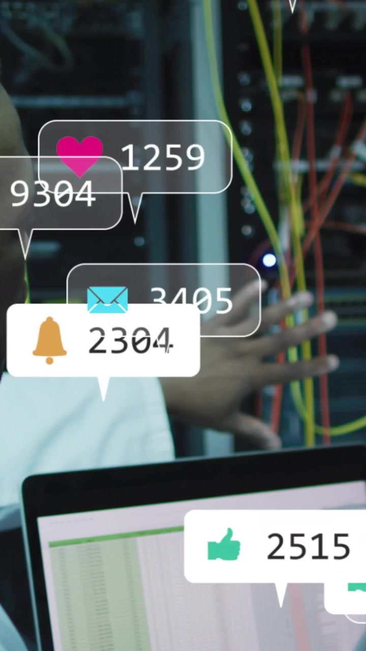 IT techs checking laptop log updating pointing and touching cables icons floating on hands and rack