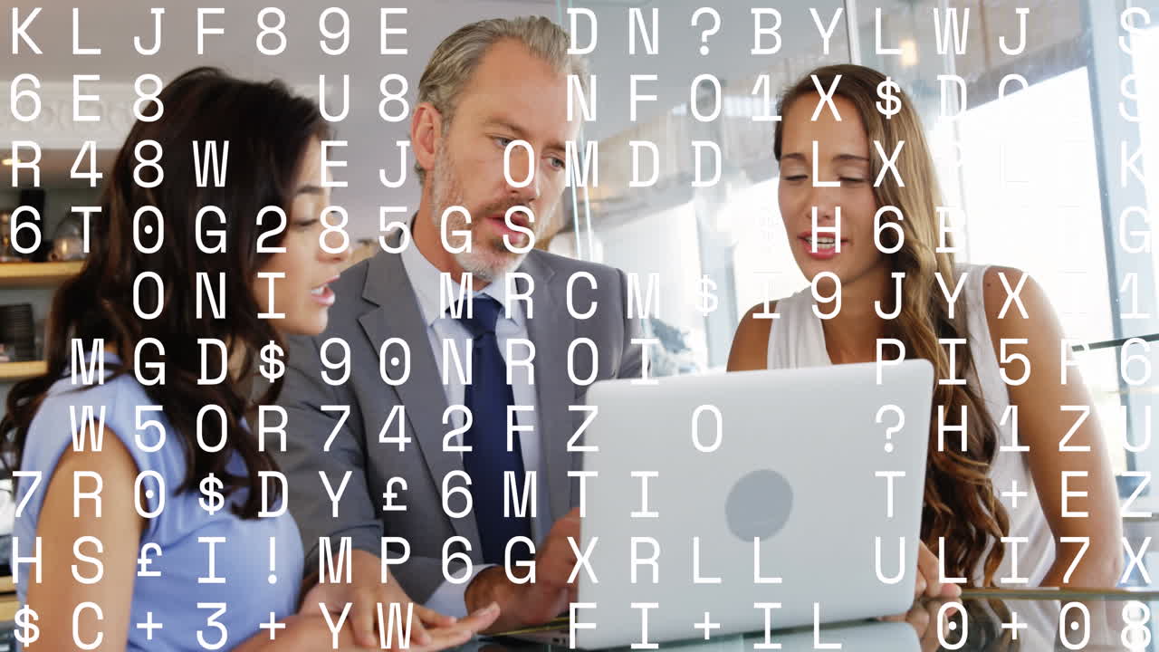 Animation of letters and data processing over diverse business people using laptop