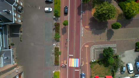 birds eye view of a rainbow painted crosswalk