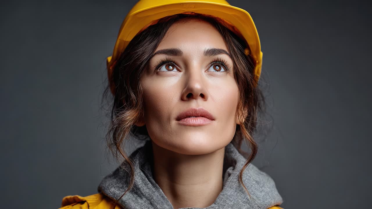 Focused and Determined: A Young Woman in Construction Gear Looks Upward with Hope and Ambition, Embracing Her Role in a Male-Dominated Industry