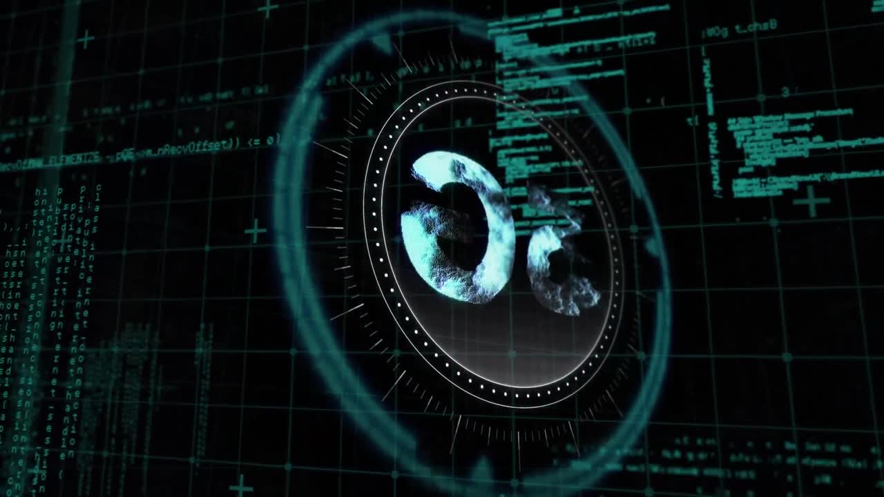 Animation of data processing and 5g text over black background