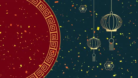 animation of chinese traditional decorations and confetti on dark background