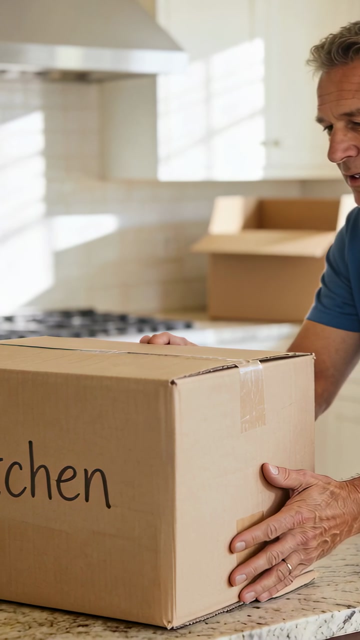 Vertical video: Box arriving on counter, man in blue shirt holding Kitchen box preparing to unpack