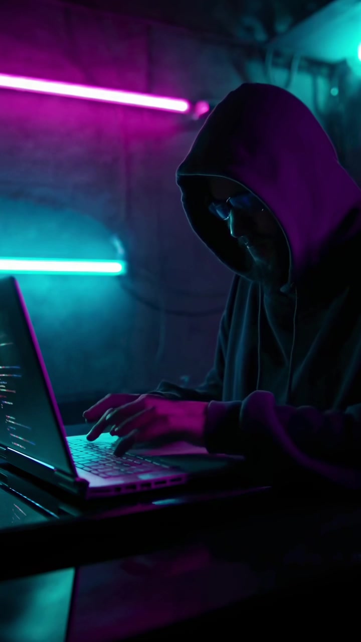Hacker i hættetrøje taster kode på bærbar computer i mørkt rum med neonlys