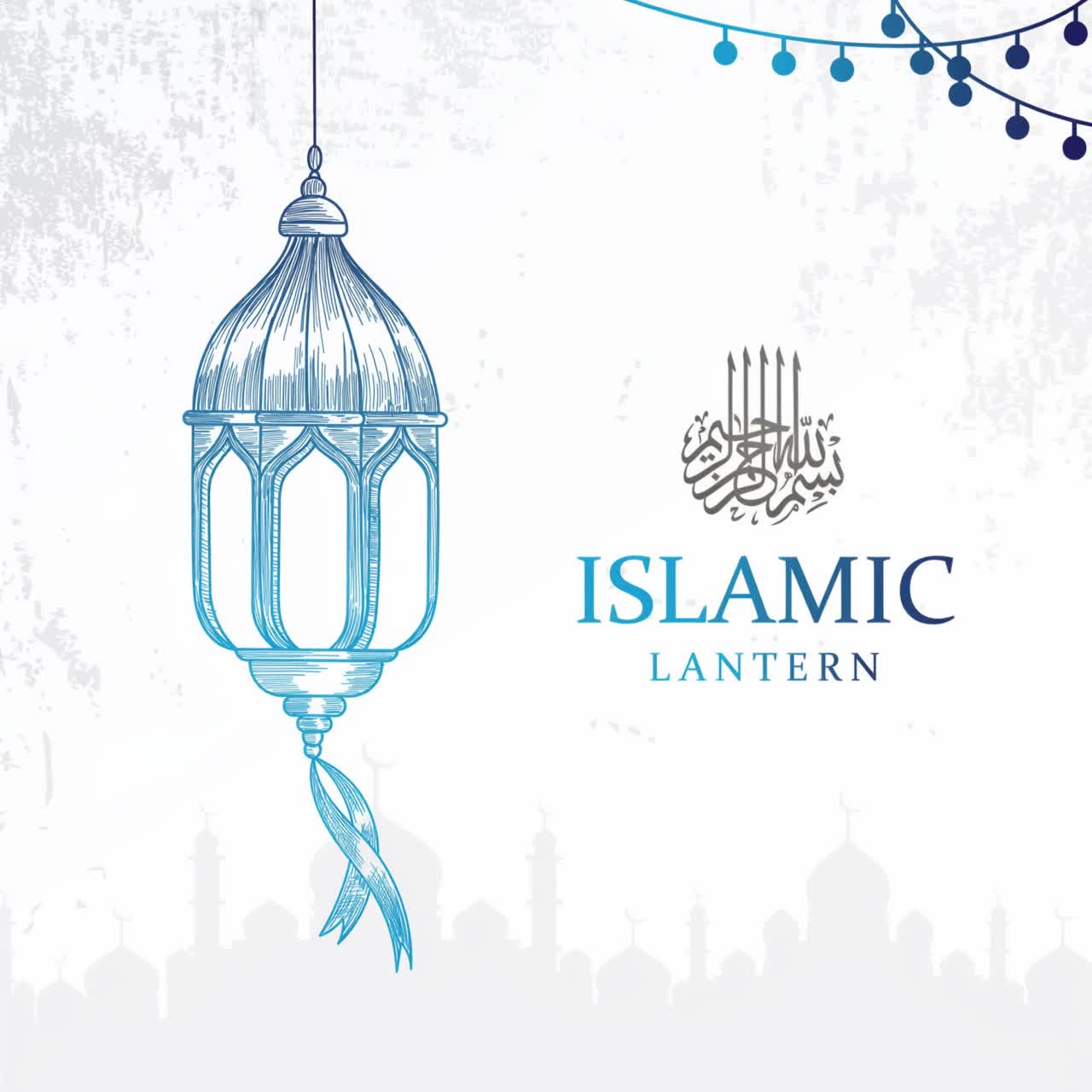Islamic lantern animation with blue hanging lantern, arabic calligraphy, mosque silhouette on white background