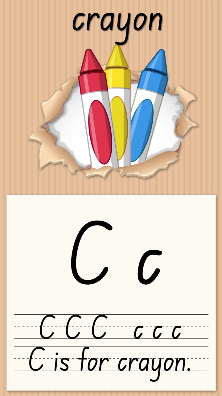 Animated vertical video demonstrates writing the letter C using crayons and lined paper graphics