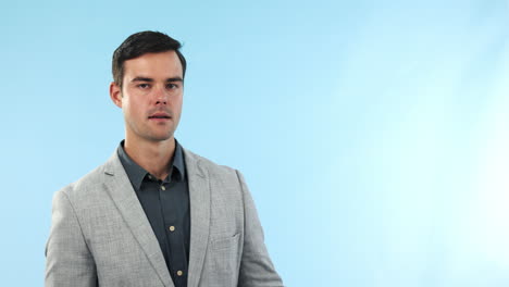 cara de negocios y hombre con burbuja de habla