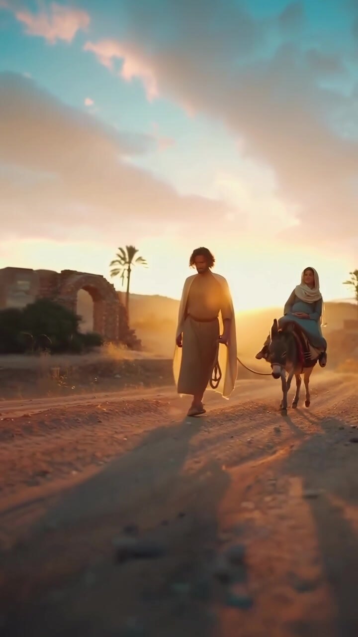 Uomo che Guida una Donna su un Asino Attraverso un Paesaggio Desertico al Tramonto