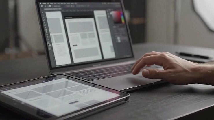 Designer che lavora al wireframe di un sito web utilizzando tablet e laptop