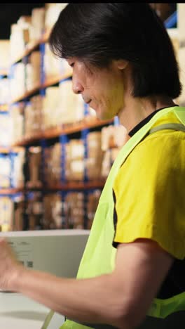 vertical video staff member scanning barcode tracking info on tags before dispatch