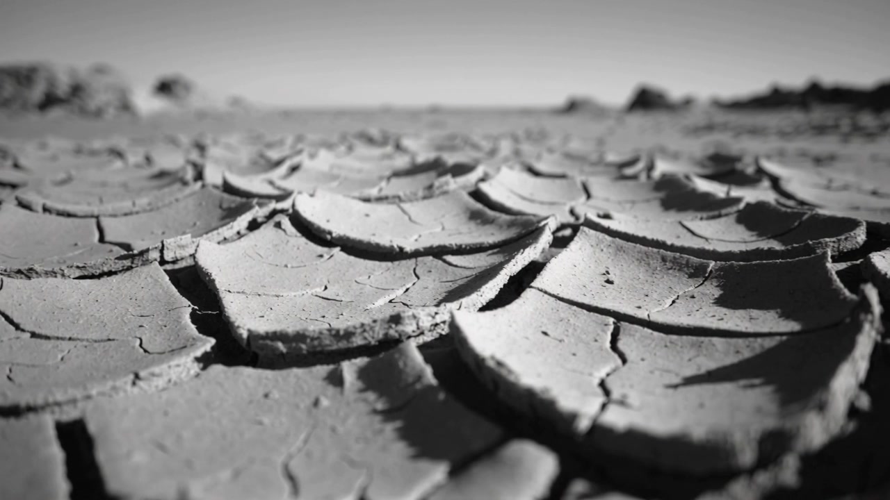 In allontanamento, la telecamera rivela placche di fango screpolate e arricciate sul letto di un lago prosciugato, enfatizzando la texture.