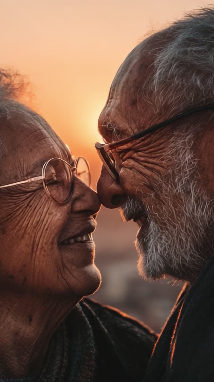 Un Bellissimo Momento di Connessione Tra Due Anziani che Condividono uno Sguardo Intimo mentre il Sole Tramonta Dietro di Loro, Sottolineando la Bellezza dell'Amore e della Compagnia