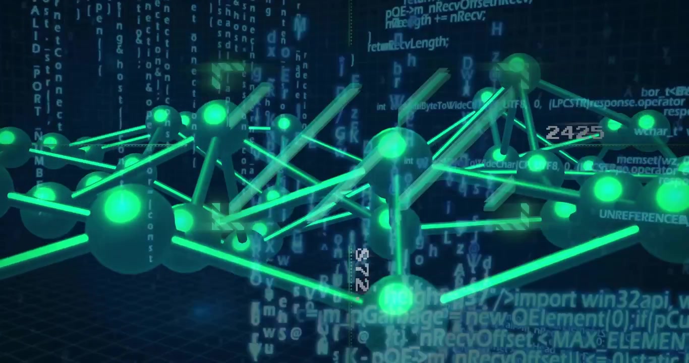 Network of neon spheres and rods rotating while camera shifting revealing code labels for analysis