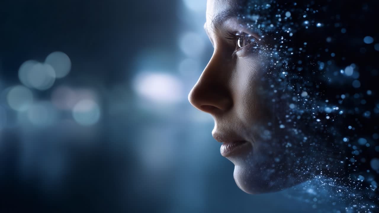 A captivating close-up of a woman's face, integrated with ethereal particles and a blurry background, illustrating the merge of humanity and digital essence