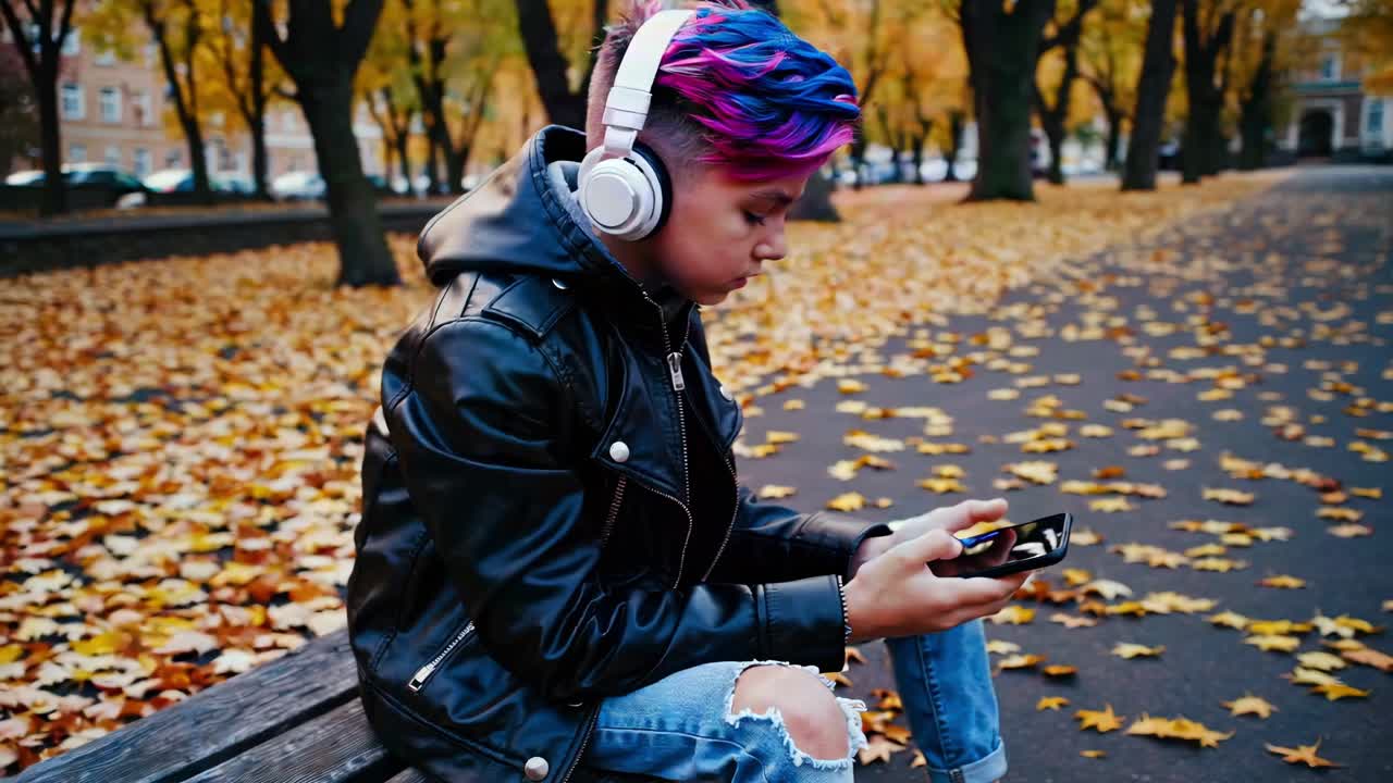 adolescente con cabello colorido escuchando música en el parque