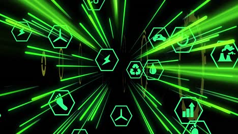 animación de iconos ecológicos y procesamiento de datos sobre senderos de luz de transferencia de datos