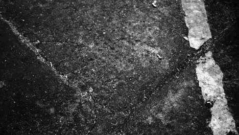 black and white closeup of cracked asphalt pavement in rain with weathered road markings and raindrops