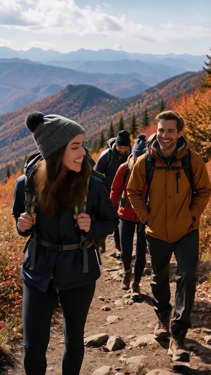 Gruppo di amici che fanno escursioni su un sentiero di montagna attraverso un paesaggio forestale autunnale colorato