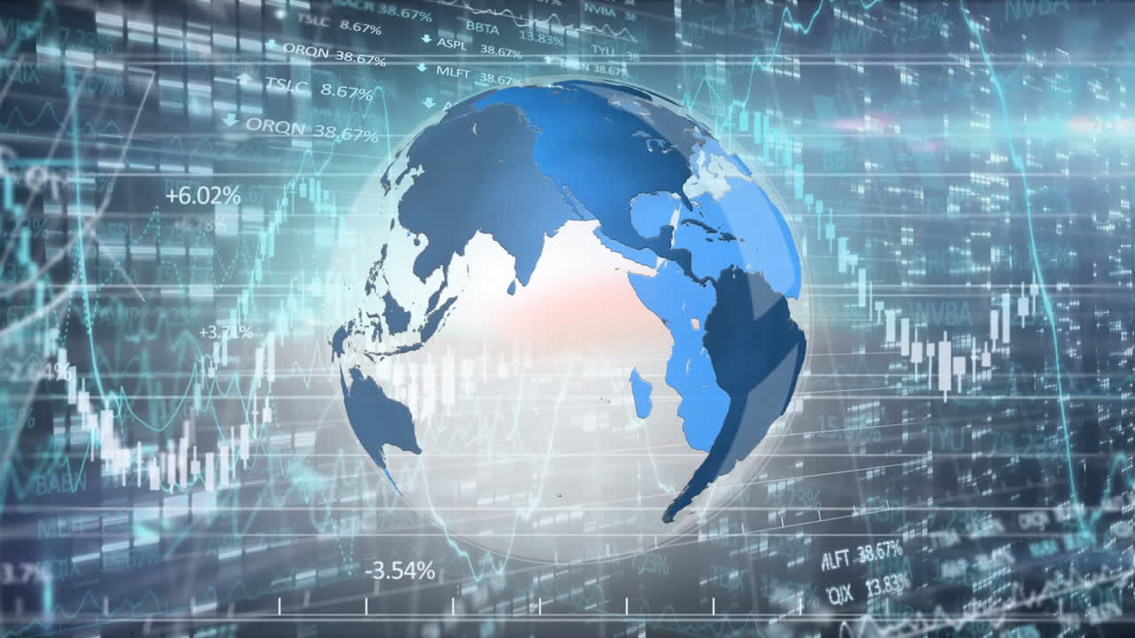 Animation of stock market display with numbers and graphs with spinning globe