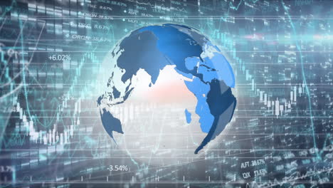 animation of stock market display with numbers and graphs with spinning globe