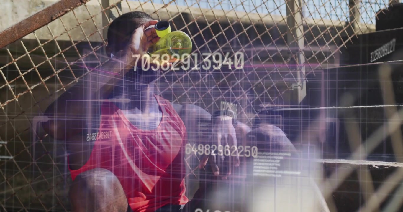 Male athlete post-workout fatigue sipping yellow-green bottle on steps, HUD overlay fading