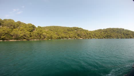 A-view-from-a-moving-vessel-over-blue-water-and-green-pine-tree-forest