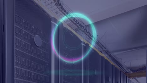 Animation-of-neon-circle-with-power-button-over-servers