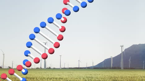 animación de una cadena de adn que gira sobre turbinas eólicas en el campo