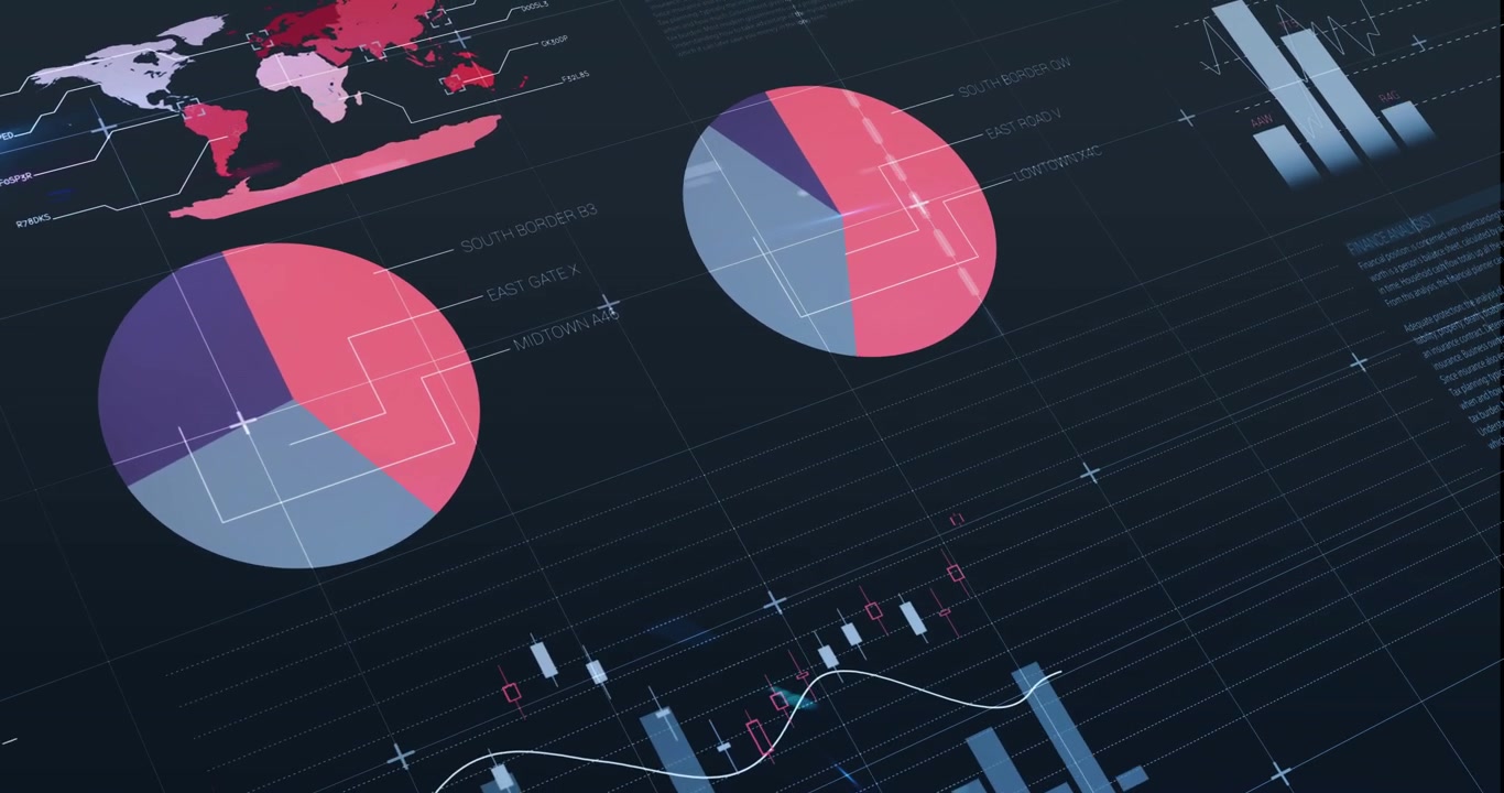 Animation of financial data processing on black background