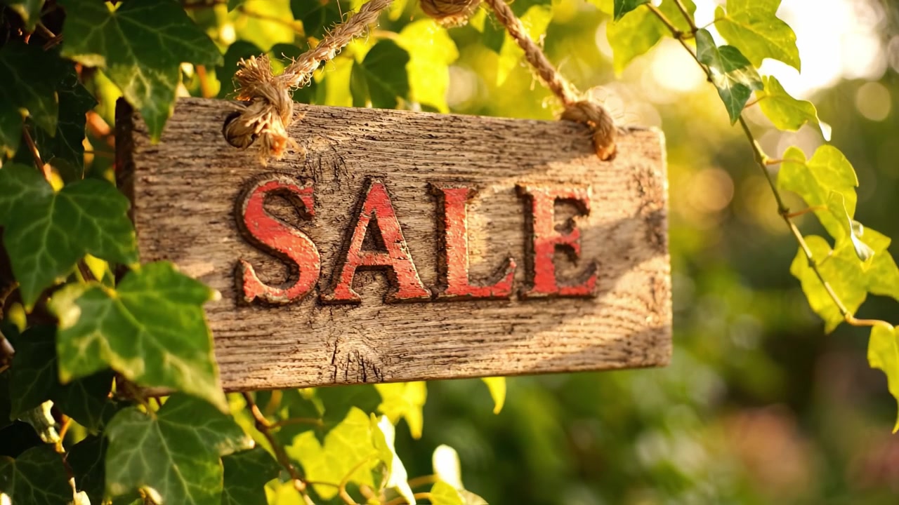 Squisito Cartello in Legno con la Scritta 'SALDI' Elegantemente Appeso tra Lussureggianti Foglie di Edera Verde, Perfetto per un Evento Promozionale Primaverile o Estivo.