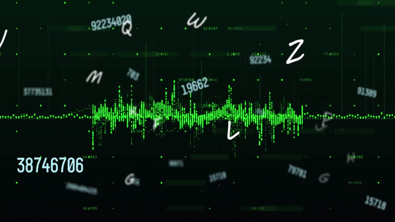 검은 바탕에 데이터 처리를 통해 변하는 숫자와 기호의 애니메이션