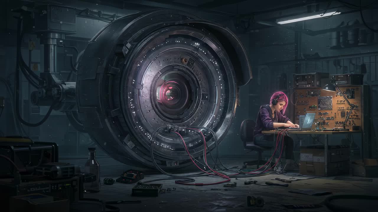 In a cutting-edge workshop illuminated by dim lights, an engineer meticulously works to repair complex technology during the night